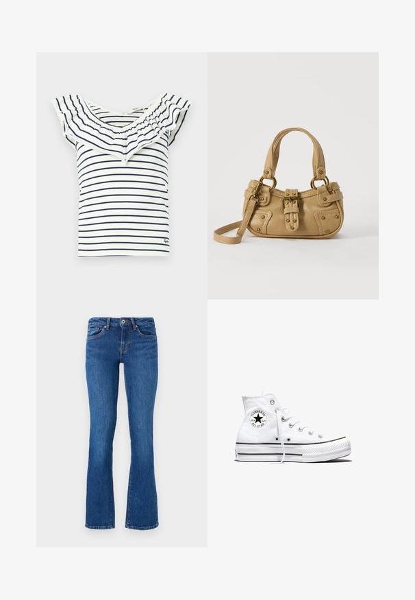 Top a rayas con escote con volantes, que presenta rayas marinas sobre un fondo blanco, fabricado en una tela suave con un diseño ajustado.; Jeans de mezclilla acampanados en azul medio con una textura sutil. Presenta cinco bolsillos, una cremallera frontal y costuras en contraste a lo largo de las costuras.; Zapatilla blanca de caña alta Converse Chuck Taylor All Star con parche de logo negro y cordones blancos, presentada sobre fondo blanco.; Bolso de cuero beige con doble asa, hebilla y remaches de latón, y una correa de hombro ajustable sobre un fondo blanco.