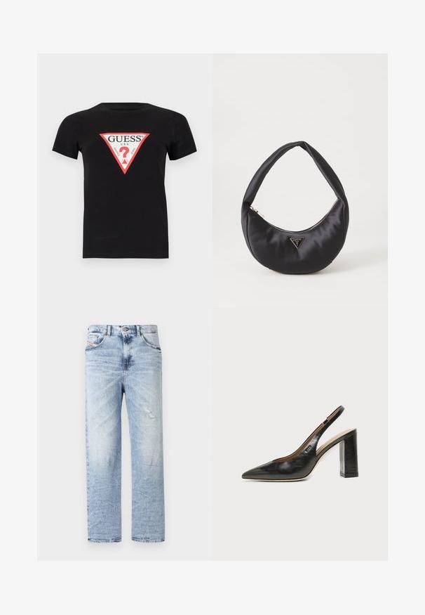 Zwarte katoenen t-shirt met een driehoekig rood en wit logo met de tekst "GUESS U.S.A." en een vraagteken in het midden. Korte mouwen.; Lichtblauwe denim jeans met een rechte pasvorm, voorzien van lichte slijtage en een traditionele vijf-pocket indeling. Klassieke tailleband met knop.; Zwarte leren slingback schoen met spits toelopend neusje, hoge blokhak en beige binnenvoering tegen een effen lichte achtergrond.; Zwarte satin handtas met een gebogen vorm, voorzien van een ritssluiting en een driehoekig metalen logo aan de voorkant. Gladde textuur en een slank ontwerp.