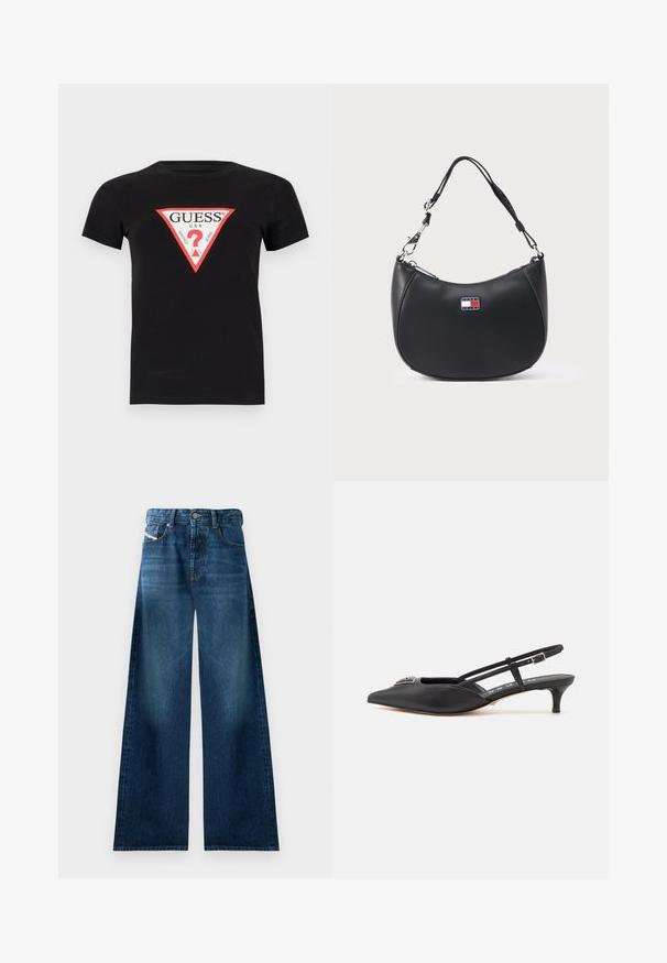Schwarzes Baumwoll-T-Shirt mit einem dreieckigen roten und weißen Logo, auf dem der Text "GUESS U.S.A." und ein Fragezeichen in der Mitte steht. Kurze Ärmel.; Weite Jeans aus Denim in dunkler Waschung. Verfügt über ein traditionelles Fünf-Taschen-Design, einen Knopfverschluss und leichte Ausbleichungen an den Oberschenkeln.; Schwarze Slingback-Schuhe mit einer spitzen Zehe, aus glattem Material gefertigt, mit einem kleinen Absatz und einem dekorativen silbernen Akzent auf dem Blatt.; Schwarze Leder-Schultertasche mit geschwungener Form, silberner Hardware und einem auffälligen Logopatch in Blau, Rot und Weiß.