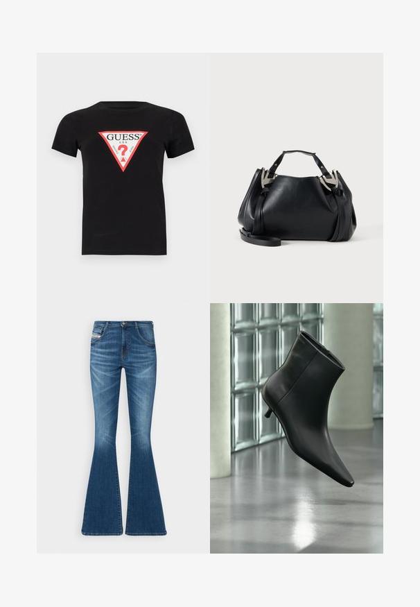 Schwarzes Baumwoll-T-Shirt mit einem dreieckigen roten und weißen Logo, auf dem der Text "GUESS U.S.A." und ein Fragezeichen in der Mitte steht. Kurze Ärmel.; Glockenjeans aus mittlerem blauen Denim, mit hoher Taille, Fünf-Taschen-Design und dezenten Waschungen an den Oberschenkeln.; Schwarzer Leder-Stiefelette mit spitzer Zehenpartie und niedrigem Kitten-Heel, schräg dargestellt vor einem polierten Boden und einer Glasbausteinwand.; Schwarze Lederhandtasche mit silbernen V-förmigen Metallakzenten, zwei oberen Griffen und einem abnehmbaren Schulterriemen auf einem schlichten hellen Hintergrund.