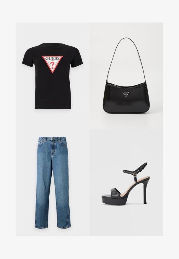 Schwarzes Baumwoll-T-Shirt mit einem dreieckigen roten und weißen Logo, auf dem der Text "GUESS U.S.A." und ein Fragezeichen in der Mitte steht. Kurze Ärmel.; Hellblaue Jeans aus Denim mit geradem Schnitt, ausgestattet mit gestickten Taschen, einem Knopfverschluss vorne und minimaler Ausbleichung des Materials.; Schwarze Plateausandalen mit hohem Stiletto-Absatz, ausgestattet mit einem glatten Lederobermaterial, einem Peeptoe-Design und einem verstellbaren Knöchelriemen mit Metallbeschlägen.; Schwarze patentierte Leder-Schultertasche mit geschwungener Form, ausgestattet mit einem silbernen Dreieckslogo und einem Reißverschluss. Glatte Textur und schmaler Riemen.
