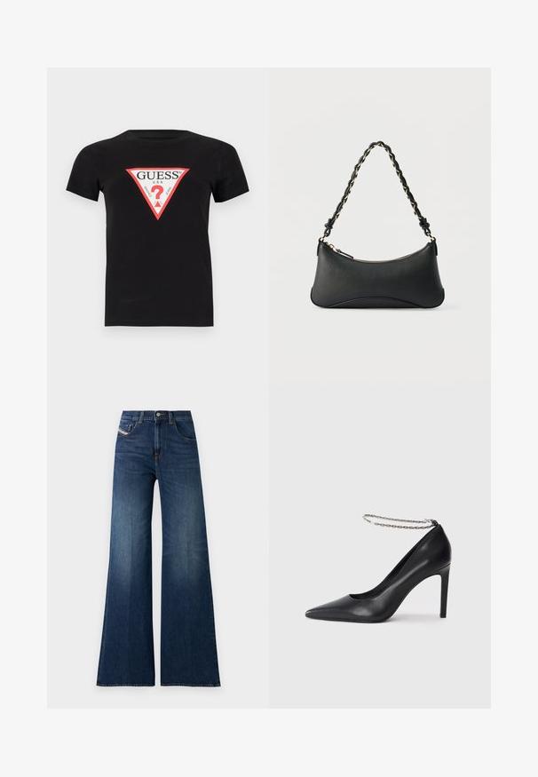 Schwarzes Baumwoll-T-Shirt mit einem dreieckigen roten und weißen Logo, auf dem der Text "GUESS U.S.A." und ein Fragezeichen in der Mitte steht. Kurze Ärmel.; Hoch taillierte, dunkelblaue weite Jeans mit Front- und Münztaschen, Knopfverschluss und dezenten Waschungseffekten an den Oberschenkeln.; Schwarze Leder-Pumps mit hohen Absätzen und spitz zulaufender Zehenpartie, ausgestattet mit einem dünnen silbernen Kettenknöchelriemen und einer eleganten, glatten Textur.; Schwarze Lederschultertasche mit gewölbter rechteckiger Form, goldener Kette, die in den geflochtenen schwarzen Riemen eingewebt ist, und Reißverschlussverschluss oben.
