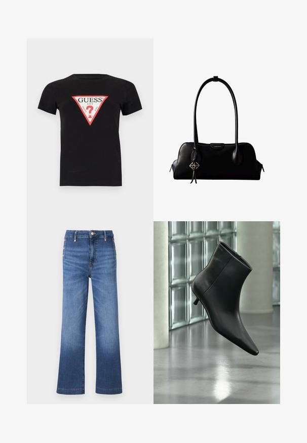 Zwarte katoenen t-shirt met een driehoekig rood en wit logo met de tekst "GUESS U.S.A." en een vraagteken in het midden. Korte mouwen.; Blauwe jeans met wijde pijpen, zijdezijdige knoopdetails en een hoge taille.; Zwarte leren enkellaars met spits toelopende neus en lage kittenhak, schuin weergegeven tegen een gepolijste vloer en een glazen blokken muur als achtergrond.; Zwarte leren Calvin Klein handtas met lange hengsels, een logo-label aan de voorkant en een zilverkleurige geometrische hanger die aan één hengsel hangt.