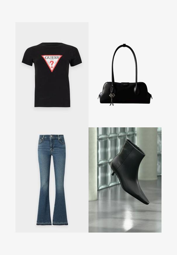 Schwarzes Baumwoll-T-Shirt mit einem dreieckigen roten und weißen Logo, auf dem der Text "GUESS U.S.A." und ein Fragezeichen in der Mitte steht. Kurze Ärmel.; Weite Jeans aus mittelblauem Denim mit hoher Taille, subtilen Waschungen, Fünf-Taschen-Design und sichtbaren Nähdetails.; Schwarzer Leder-Stiefelette mit spitzer Zehenpartie und niedrigem Kitten-Heel, schräg dargestellt vor einem polierten Boden und einer Glasbausteinwand.; Schwarze Lederhandtasche von Calvin Klein mit langen Henkeln, einem vorderen Logo-Tag und einem silbernen geometrischen Anhänger, der an einem Henkel hängt.
