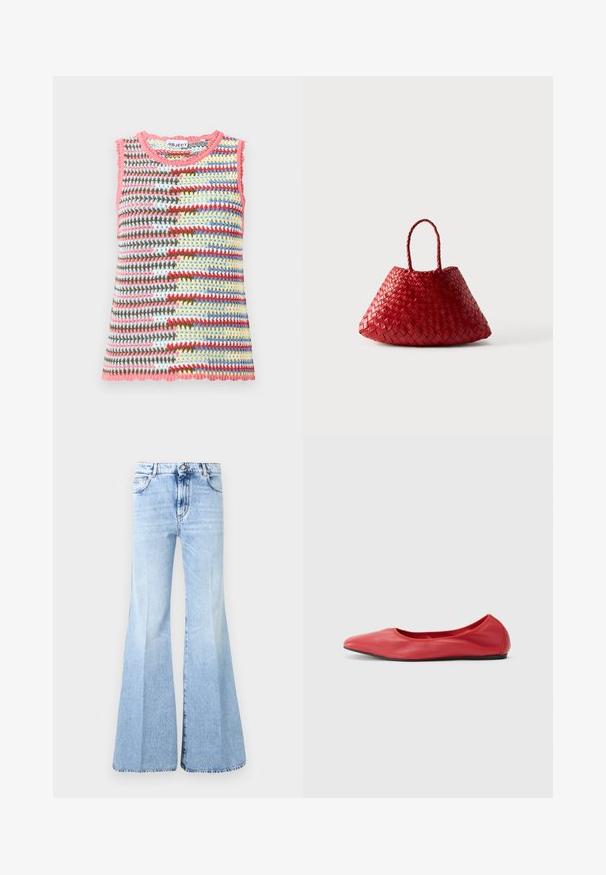 Haut tricoté sans manches avec bords roses, présentant un motif rayé multicolore en fils bleus, rouges, jaunes, blancs, marron et verts.; Jean flare taille haute bleu clair avec boutons, fermeture éclair et poches à l'avant, présenté sur un fond blanc uni.; Filippa K REY FLATS - Ballerines - bright red; Sac à main en cuir tressé rouge avec une forme triangulaire arrondie et deux poignées tressées sur fond blanc.