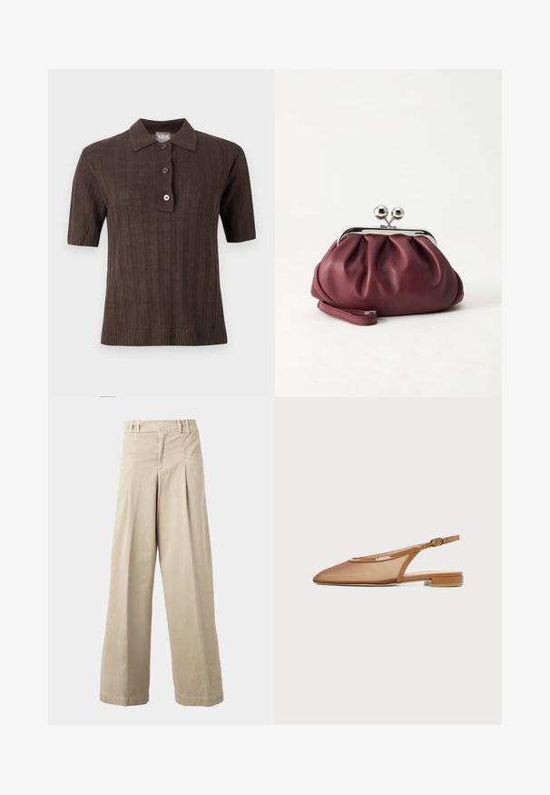 Polo en maille marron foncé à manches courtes avec côtes verticales, patte à trois boutons et col sur fond uni clair.; Pantalon beige taille haute à jambes larges avec passants de ceinture, plis à l’avant et poches latérales, présenté sur un fond clair uni.; Chaussure plate à bride arrière marron avec bout pointu, fine bride avec boucle et petit talon bloc sur fond blanc.; Petit sac pochette en cuir bordeaux avec fermoir métallique argenté et bracelet sur fond blanc.