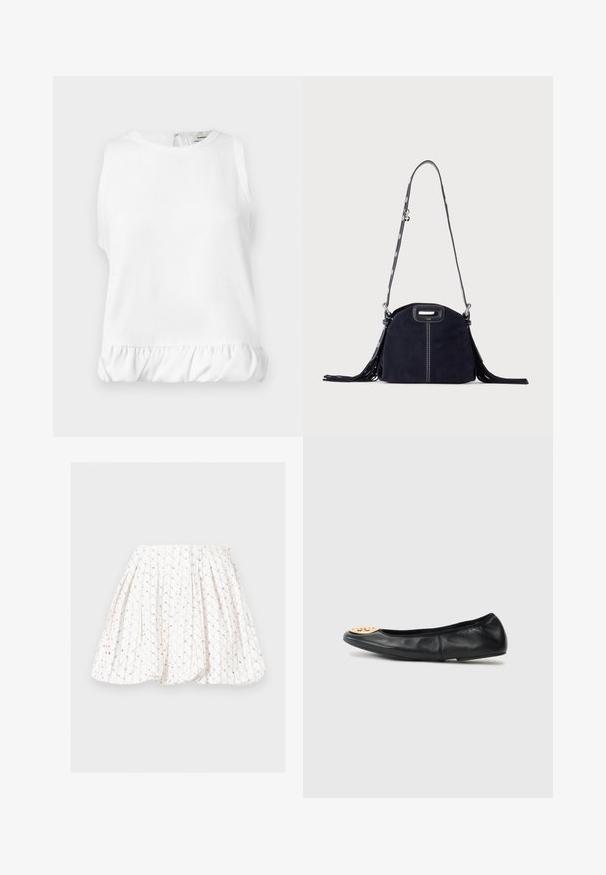 Blouse blanche sans manches avec encolure ronde et ourlet volanté froncé, présentée à plat.; Jupe plissée blanche avec un motif délicat de sequins dorés et beiges disposés en lignes verticales et petits groupes.; Ballerine en cuir noir avec un bout arrondi, présentant un accent en métal doré sur le bout, une texture lisse et une semelle flexible.; Sac à main en daim bleu foncé avec des coutures blanches, une poignée découpée, une bandoulière à motif et de longues franges des deux côtés.