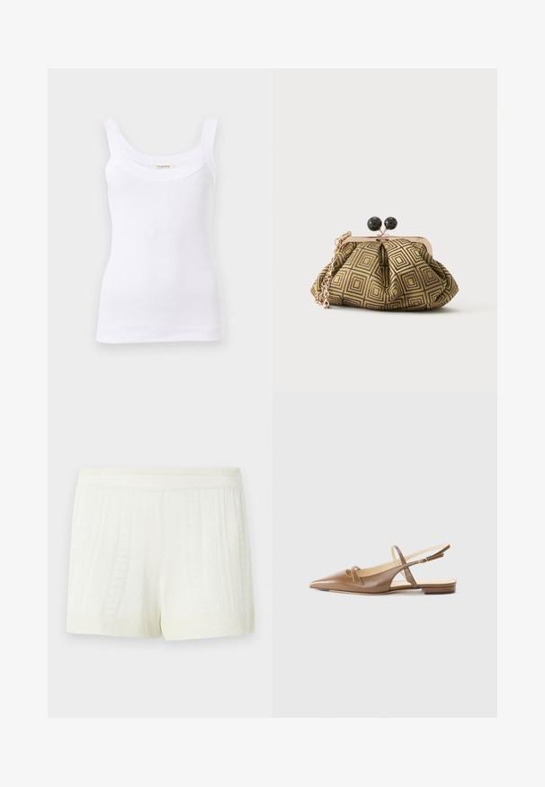 White ribbed tank top with wide shoulder straps and a scoop neckline, displayed on a plain light background.; Cream-colored knitted shorts with vertical textured patterns and a wide elastic waistband on a plain background.; Brown leather slingback shoes with a pointed toe, two narrow straps, and a low heel. Smooth texture with a polished finish.; Small clutch purse with gold and black geometric pattern, gold-tone metal frame, black ball clasp, and a short gold chain strap.