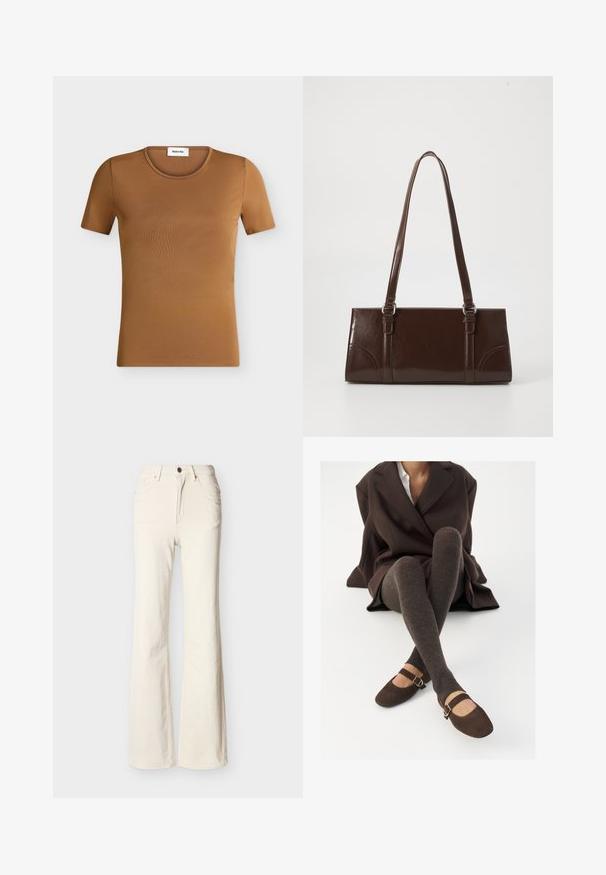 T-shirt marron uni à manches courtes avec col rond, présenté à plat sur un fond clair, étiqueté avec une étiquette de marque Modström à l'intérieur du col.; Jean taille haute couleur blanc cassé avec bouton à l'avant, fermeture éclair, poches avant et arrière, et coupe légèrement évasée au niveau des jambes.; Des chaussettes marron côtelées jusqu'aux genoux associées à des ballerines en daim marron de type Mary Jane avec une sangle décorative et une boucle, portées avec un manteau sombre.; Sac à main en cuir verni marron de forme rectangulaire, avec deux longues poignées et des accents courbés subtils à l'avant.