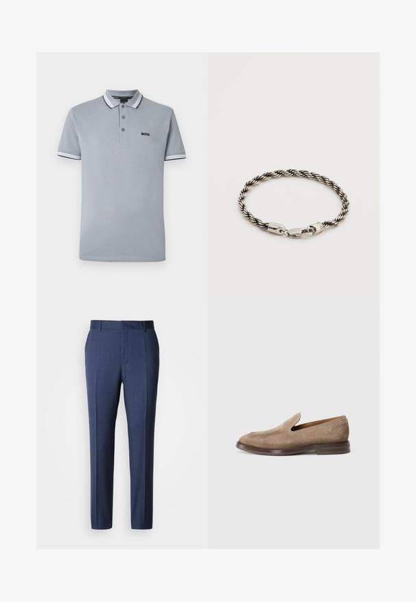 Polo de color gris claro con tres botones, ribete bicoloreado en el cuello y las mangas, y un pequeño logotipo negro de "BOSS" en el pecho.; Pantalones entallados azul marino hechos de tela suave, con frente plano, trabillas para cinturón y pliegues prensados para un aspecto limpio.; BOSS CASSIAN - Zapatos sin cordones - beige/khaki; Pulsera de cadena plateada retorcida con cierre de langosta, mostrada sobre un fondo claro y liso.