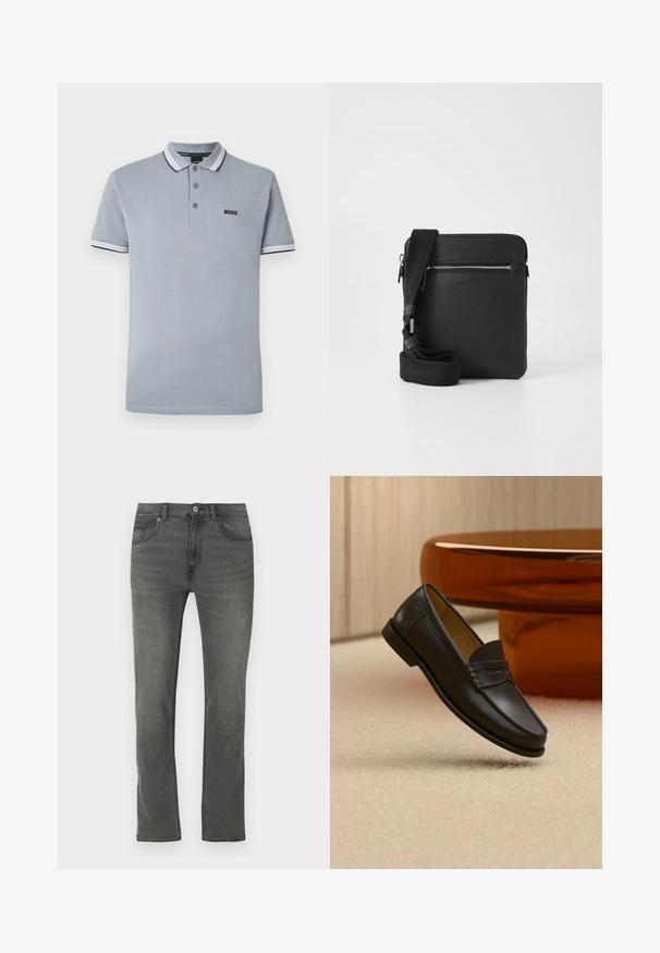 Polo de color gris claro con tres botones, ribete bicoloreado en el cuello y las mangas, y un pequeño logotipo negro de "BOSS" en el pecho.; Vaqueros de mezclilla gris con corte recto, cinco bolsillos y cierre frontal de botones. La tela tiene una textura sutil con un ligero desgaste.; Zapato mocasín de cuero negro suspendido sobre una alfombra beige con muebles modernos de color ámbar en el fondo.; Bolso cruzado de cuero negro con superficie texturizada, bolsillo frontal con cremallera y correa de tela ajustable. Diseño cuadrado simple.