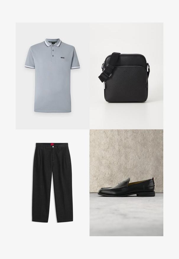 Lysegrå polo skjorte med tre knapper, tofarvet trim på kraven og ærmerne, samt et lille sort "BOSS" logo på brystet.; Sorte bukser med høj talje med forreste læg, bæltestropper, knap og lynlås lukning samt en rød label indeni linningen.; Sort læder herreloafer med krokodillepræget forstykke og lav hæl, vist i profil på en neutral baggrund.; Sorth læder crossover taske med en tekstureret overflade, der har en frontlomme med lynlås, justerbar strop og metal hardware detaljer.