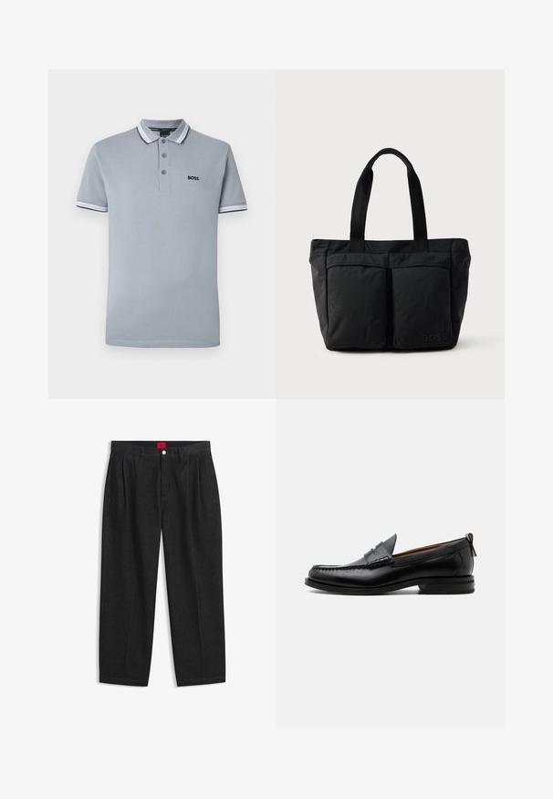Lysegrå polo skjorte med tre knapper, tofarvet trim på kraven og ærmerne, samt et lille sort "BOSS" logo på brystet.; Sorte bukser med høj talje med forreste læg, bæltestropper, knap og lynlås lukning samt en rød label indeni linningen.; Sort læder herre loafer med moc-tå syning, penny strop, struktureret krave og lav stablet hæl på hvid baggrund.; Sort tote bag med blødt stof, to forlommer og robuste håndtag. Logo vist på siden. Enkel, funktionel design.