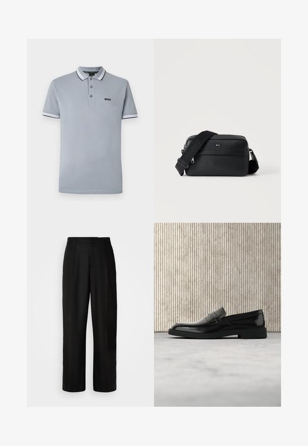 Polo de color gris claro con tres botones, ribete bicoloreado en el cuello y las mangas, y un pequeño logotipo negro de "BOSS" en el pecho.; Pantalones negros con corte recto, textura suave, pliegues frontales y cintura estándar. Diseño minimalista sin patrones adicionales.; Zapato loafer de cuero negro pulido flotando sobre una alfombra beige con muebles translúcidos naranjas de fondo.; Bolso bandolera negro de cuero texturizado con bolsillo frontal con cremallera y correa de hombro ancha de tela ajustable sobre fondo blanco.