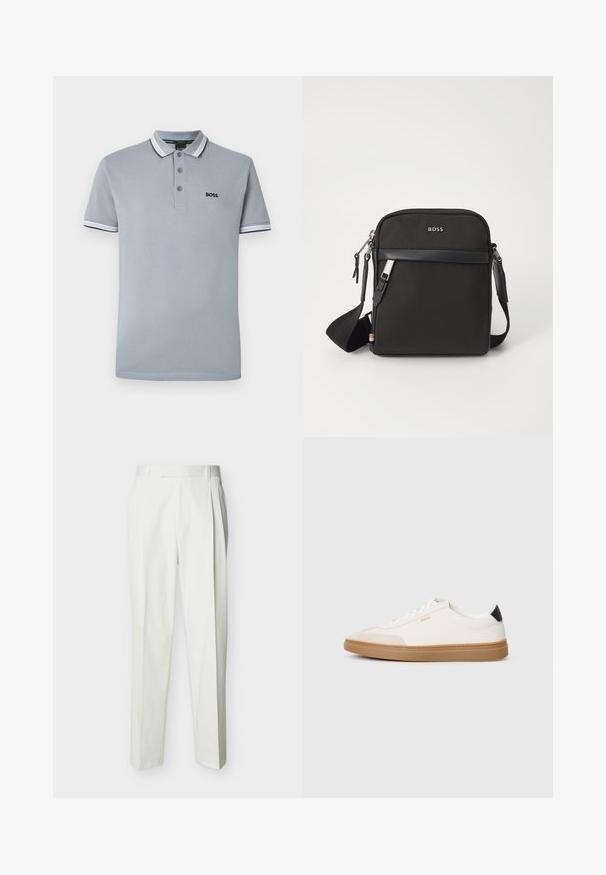 Lichtgrijze polo met drie knopen, bicolor afwerking op de kraag en mouwen, en een klein zwart "BOSS" logo op de borst.; Witte, op maat gemaakte broek met hoge taille, broekriemlussen en voorplooien, weergegeven op een effen achtergrond.; Witte sneakers met beige accenten, bovenwerk van glad leer, ronde neus en rubberen gumzool, met een zwarte hieltab en subtiele branding.; Zwarte schoudertas van textuurstof, met logo aan de voorkant, ritssluiting en verstelbare schouderband. Voorzien van een gladde leren rand.