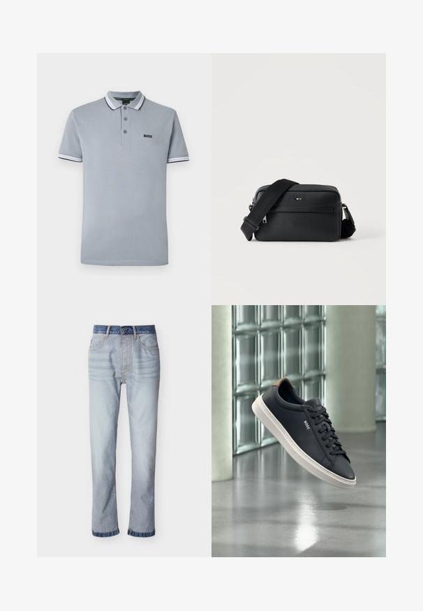 Polo de color gris claro con tres botones, ribete bicoloreado en el cuello y las mangas, y un pequeño logotipo negro de "BOSS" en el pecho.; Jeans de mezclilla azul claro con cintura azul oscuro, diseño de pierna recta, cinco bolsillos y detalles de costuras visibles.; Zapatilla baja negra con cordones, suela blanca y lengüeta trasera marrón, con la marca "BOSS", flotando en interiores cerca de una pared de bloques de cristal.; Bolso bandolera negro de cuero texturizado con bolsillo frontal con cremallera y correa de hombro ancha de tela ajustable sobre fondo blanco.