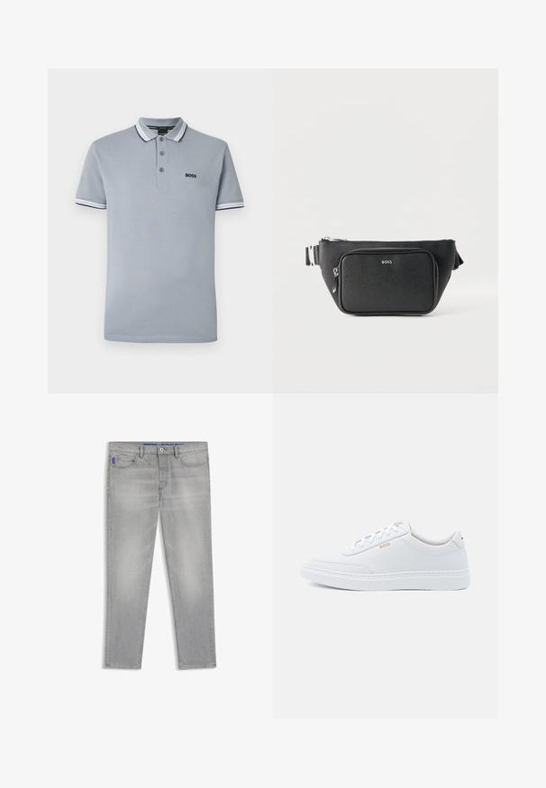 Polo de color gris claro con tres botones, ribete bicoloreado en el cuello y las mangas, y un pequeño logotipo negro de "BOSS" en el pecho.; Vaqueros de pierna recta de color gris claro con bolsillos delanteros, trabillas para cinturón y cierre de botón, exhibidos planos sobre un fondo blanco.; Zapatillas de cuero blanco con textura suave, puntera redondeada y costuras tonales. Cuentan con cordones azules y un logo dorado en el lateral.; Riñonera de piel negra con textura, con bolsillo delantero con cremallera y logo "BOSS" en tono plateado, correa ajustable y compartimento principal con cremallera.