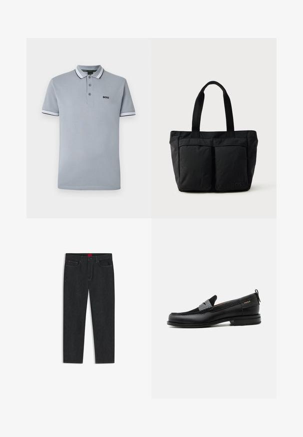 Polo de color gris claro con tres botones, ribete bicoloreado en el cuello y las mangas, y un pequeño logotipo negro de "BOSS" en el pecho.; Vaqueros de mezclilla lavada en oscuro con corte de pierna recta, que presentan una etiqueta de marca roja en la cintura y un detalle mínimo de costuras.; Mocasín de cuero negro con detalle de tira gris, tacón bajo y suela texturizada, con la marca "HUGO" en oro en el lateral.; Bolso tote negro con una construcción de tela suave, dos bolsillos frontales y asas resistentes. Logo mostrado en el lateral. Diseño simple y funcional.