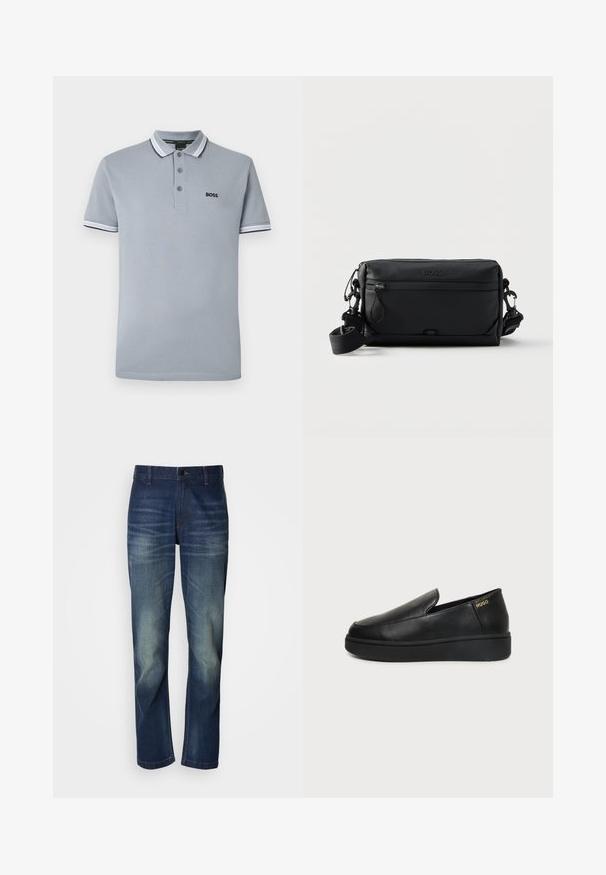 Polo gris clair avec trois boutons, bordure bicolore sur le col et les manches, et un petit logo noir "BOSS" sur la poitrine.; Jean en denim bleu foncé avec une coupe droite, présentant un délavage à l'avant, une braguette à boutons et un design classique à cinq poches.; Chaussure noire en cuir à enfiler avec une semelle épaisse et un petit logo doré "Hugo" sur le côté du talon, montrée de profil sur un fond neutre.; Sac bandoulière rectangulaire noir avec poche avant zippée, sangle réglable et logo "BOSS" embossé en haut au centre.