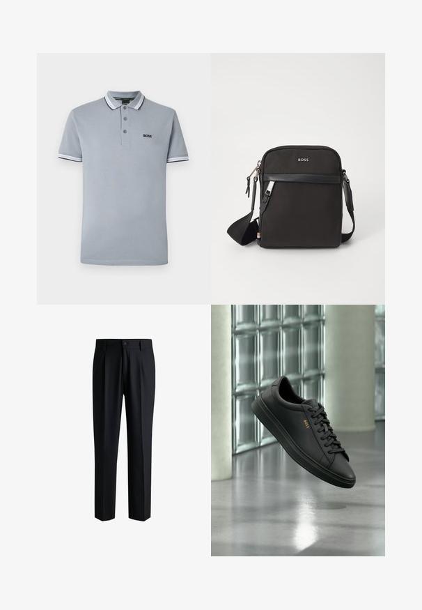 Polo de color gris claro con tres botones, ribete bicoloreado en el cuello y las mangas, y un pequeño logotipo negro de "BOSS" en el pecho.; Pantalones negros de tela suave, con un diseño de pierna recta, pliegues en la parte delantera y cierre de botón con trabillas para cinturón.; Zapatilla baja de piel negra con cordones negros y logo dorado BOSS en el lateral, flotando sobre un suelo gris brillante en un espacio interior moderno.; Bolso bandolero negro con un tejido texturizado, logo en la parte frontal, cierre de cremallera y correa ajustable. Presenta un ribete de cuero suave.