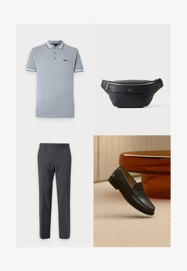Lichtgrijze polo met drie knopen, bicolor afwerking op de kraag en mouwen, en een klein zwart "BOSS" logo op de borst.; Grijze op maat gemaakte broek met een gestructureerde afwerking, een vlakke voorkant en een rechtlijnig ontwerp. Beschikt over zijzakken en riemlussen.; Zwarte leren loaferschoen zwevend boven een beige tapijt met amberkleurige moderne meubels op de achtergrond.; Zwarte, getextureerde leren heuptas met zilveren rits en klein BOSS-logo centraal op het voorvak.