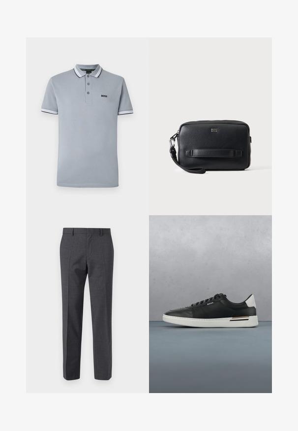 Polo de color gris claro con tres botones, ribete bicoloreado en el cuello y las mangas, y un pequeño logotipo negro de "BOSS" en el pecho.; Pantalones gris ajustados con un acabado texturizado, con frente plano y diseño de pierna recta. Presenta bolsillos laterales y presillas para cinturón.; Zapatilla de cuero negra con suela blanca, cuenta con perforaciones, diseño de cordones, logo en el costado y detalle del talón en blanco y marrón.; Bolso de muñeca de cuero negro con textura, con cremallera, correa horizontal en la parte delantera, pequeño logo plateado de "BOSS" y correa de muñeca desmontable en el lado izquierdo.