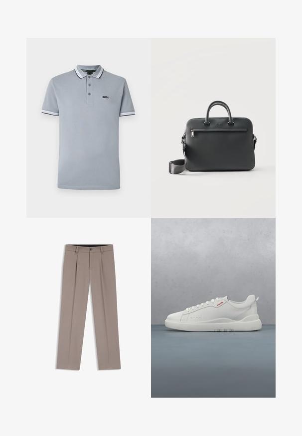 Helehall polo särk kolme nupuga, kahevärviline ääristus krae ja varrukate ümber, ning väike must "BOSS" logo rinnal.; helepruunid meeste püksid vööaasade ja voltidega, ees nupuga ja lukuga, tasapinnal valgel taustal.; Valged spordijalatsid siledast nahast, ümar varvas, neli silmaauku, kerged perforatsioonid ja punane logo külje peal.; Mustast nahast portfell kahe käepidemega, eesmine tõmblukuga tasku ja eemaldatav reguleeritav õlarihm ühtlasel hele taustal.