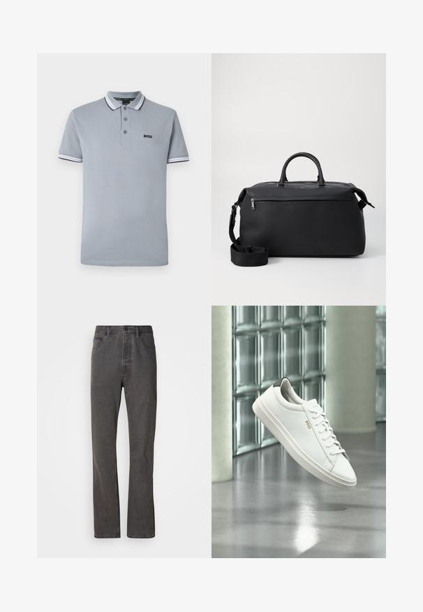 Polo de color gris claro con tres botones, ribete bicoloreado en el cuello y las mangas, y un pequeño logotipo negro de "BOSS" en el pecho.; Vaqueros de mezclilla gris con un diseño de pierna recta, que cuentan con bolsillos frontales, un cierre de botón y una textura sutil.; Zapatilla deportiva de piel blanca de corte bajo con cordones, lengüeta negra en el talón y logo "BOSS", flotando en interiores cerca de una pared de bloques de vidrio y suelo pulido.; Bolsa de viaje de cuero negro con dos asas superiores, una correa de hombro desmontable y un bolsillo frontal con cremallera para almacenamiento adicional.