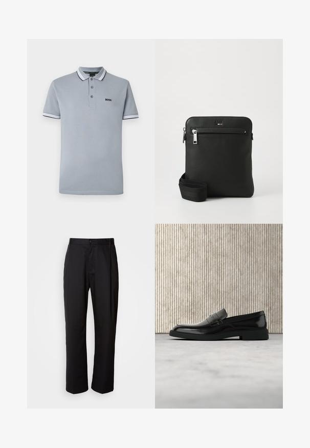 Helehall polo särk kolme nupuga, kahevärviline ääristus krae ja varrukate ümber, ning väike must "BOSS" logo rinnal.; Mustad sirgedega mustad püksid, mis on valmistatud kerge kangaga. Omavad esist nupuga sulgemist ja kahte küljetaskut; sile tekstuur.; Mustast läikivast nahast loafers-tüüpi king hõljub beeži vaiba kohal, taustal oranžist läbipaistvast mööblist.; Must nahast ristihoidja, lame disain, struktuurne pind, luku kinnis, esmine tasku ja reguleeritav kangast rihm.