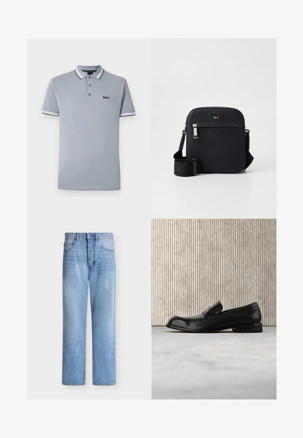 Polo de color gris claro con tres botones, ribete bicoloreado en el cuello y las mangas, y un pequeño logotipo negro de "BOSS" en el pecho.; Vaqueros de denim azul claro de pierna recta con cierre de botón y cremallera, bolsillos delanteros y traseros, y presillas para cinturón en la cintura.; Mocasín negro de cuero con detalle metálico, mostrado suspendido sobre una alfombra beige, con una mesa redonda de color ámbar en el fondo.; Bolso bandolera de cuero negro con textura suave, que cuenta con un bolsillo frontal con cremallera, correa ajustable y un diseño cuadrado elegante.