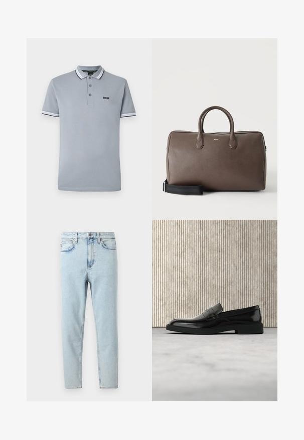 Lichtgrijze polo met drie knopen, bicolor afwerking op de kraag en mouwen, en een klein zwart "BOSS" logo op de borst.; Lichtblauwe slim-fit jeans met hoge taille, knoop en rits aan de voorkant, voor- en achterzakken, weergegeven op een witte achtergrond.; Zwarte gepolijste leren loafer die boven een beige tapijt zweeft met oranje doorschijnend meubilair op de achtergrond.; Bruine leren duffeltas met twee handvatten, een zwarte verstelbare schouderriem en een klein "BOSS" logo middenvoor.