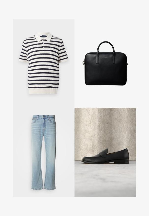 Polo rayé avec des bandes alternées bleu marine et crème, manches courtes, col côtelé et patte de boutonnage à trois boutons. Texture tricotée.; Jeans en denim bleu clair avec une coupe droite, dotés de cinq poches, d'une fermeture à bouton et d'une légère décoloration sur le tissu.; Mocassin en cuir noir flottant au-dessus d'un tapis beige avec une table ronde brune brillante en arrière-plan.; Mallette en cuir noir texturé avec double poignées et tirettes de fermeture éclair argentées, centrée sur fond blanc.