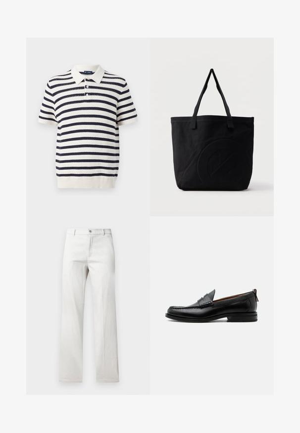 Polo rayé avec des bandes alternées bleu marine et crème, manches courtes, col côtelé et patte de boutonnage à trois boutons. Texture tricotée.; Pantalon gris clair avec une coupe droite, fabriqué dans un tissu lisse, doté d'une fermeture à bouton à l'avant et de poches latérales.; Mocassin homme en cuir noir avec couture moc toe, bride penny, col texturé et petit talon empilé sur fond blanc.; Sac fourre-tout en toile noire avec deux bandoulières et un motif circulaire discret en relief sur le devant.