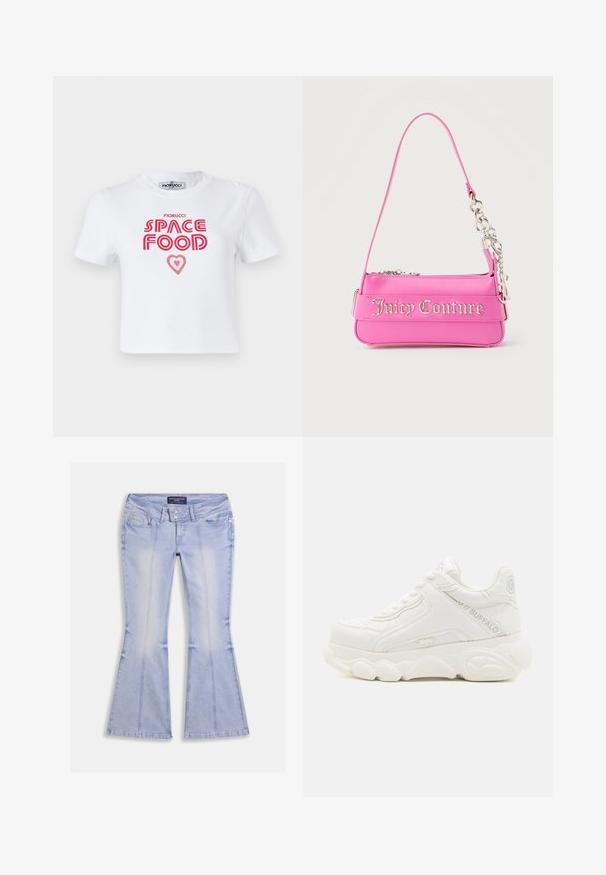 Weißes Baumwoll-T-Shirt mit rotem grafischem Text, der "SPACE FOOD" mit einem Herzakzent liest, kurze Ärmel und Rundhalsausschnitt.; Hellblaue Schlagjeans mit vorderen und hinteren Taschen, doppelter Knopfverschluss und sichtbaren Nahtnähten überall.; Weißer klobiger Sneaker mit dicker Sohle, Schnürdesign und "Buffalo" Branding an der Seite und Ferse.; Kleine, leuchtend pinke Juicy Couture Handtasche mit silbernen Kettendetails und Logo-Schriftzug auf der Vorderseite, schmaler einzelner Schulterriemen.