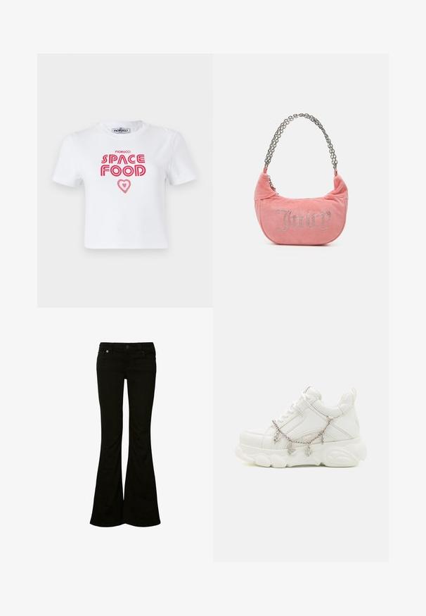Weißes Baumwoll-T-Shirt mit rotem grafischem Text, der "SPACE FOOD" mit einem Herzakzent liest, kurze Ärmel und Rundhalsausschnitt.; Schwarze, weit ausgestellte Jeans aus Baumwollmischgewebe; mit einer taillierten Taille, Vordertaschen und einem klassischen Fünf-Taschen-Design.; Weiße Sneakers mit dicker Sohle, strukturiertem Obermaterial aus Leder und dekorativer Metallkette mit Anhängern. Sie verfügen über eine Schnürung und einen gepolsterten Kragen.; Juicy Couture KIMBERLY SMALL SET - Handtasche - pink