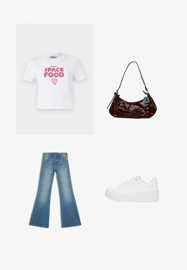 Hvid bomulds t-shirt med rød grafisk tekst, der siger "SPACE FOOD" med et hjerteaccent, korte ærmer og rund halsudskæring.; Blå denimjeans med flared ben, forlommer og knaplukning, vist mod en hvid baggrund.; Hvid platform-sneaker med snørelukning foran, perforerede detaljer på siden og tyk sål, vist fra ydersiden på en hvid baggrund.; Bordeaux patentskinds læder håndtaske med en buet form, sølv hardware detaljer og en dekorativ spænde. Har en kort rem og lynlås lukning.