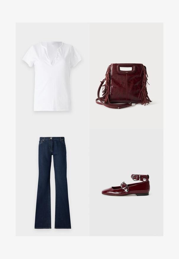 T-shirt en coton blanc à manches courtes, coupe décontractée et décolleté en V, avec un plastron orné de cinq boutons décoratifs.; Jean flare bleu foncé en denim, dotés d'un design à cinq poches, de passants de ceinture et de coutures jaunes contrastées le long des coutures.; Ballerines en cuir verni bordeaux avec un bout pointu, une bride de cheville avec une boucle en argent et un petit talon. Texture lisse sur l'ensemble.; Sac à main carré en cuir bordeaux avec poignée découpée, détails de franges latérales et bandoulière réglable sur fond uni.