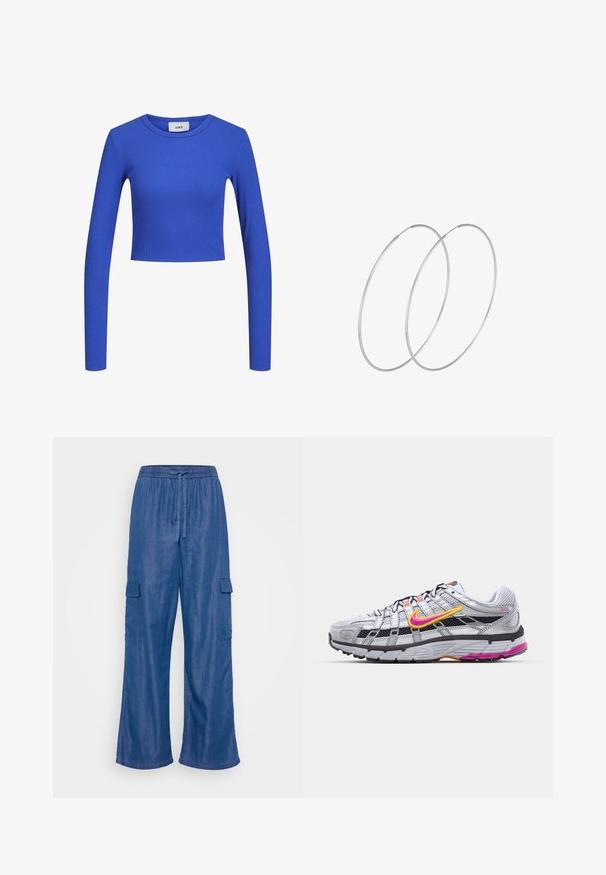 Top corto de canalé de manga larga azul con cuello redondo. Textura suave y diseño ajustado, con un patrón sutil en toda la prenda. Etiqueta de la marca visible.; Pantalones cargo de mezclilla azul con corte relajado, que cuentan con una cinturilla ajustable y dos bolsillos laterales. Textura suave, piernas anchas.; Zapatilla de running de malla gris con un distintivo swoosh en rosa y amarillo, acentos negros y una suela de goma texturizada. Cuenta con una puntera reforzada y un collar acolchado.; Pendientes de aro plateados con un diseño minimalista. Forma circular, textura suave y perfil delgado. Livianos con un acabado pulido.