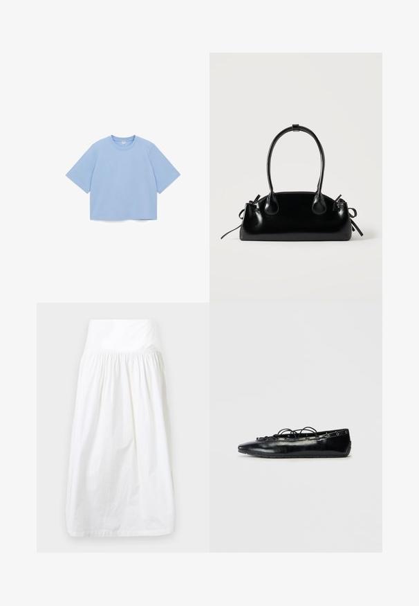 T-shirt surdimensionné bleu clair en coton doux, avec un col rond et des manches courtes, doté d'un ourlet droit.; Jupe blanche taille haute avec un détail de tissu froncé sous la ceinture, présentée à plat sur un fond clair.; Bottine plate noire à bout pointu avec un laçage à l'avant et des œillets le long des bords, présentée sur un fond blanc.; Petit sac à main noir brillant avec deux longues anses et des détails à cordon sur les côtés sur un fond clair uni.