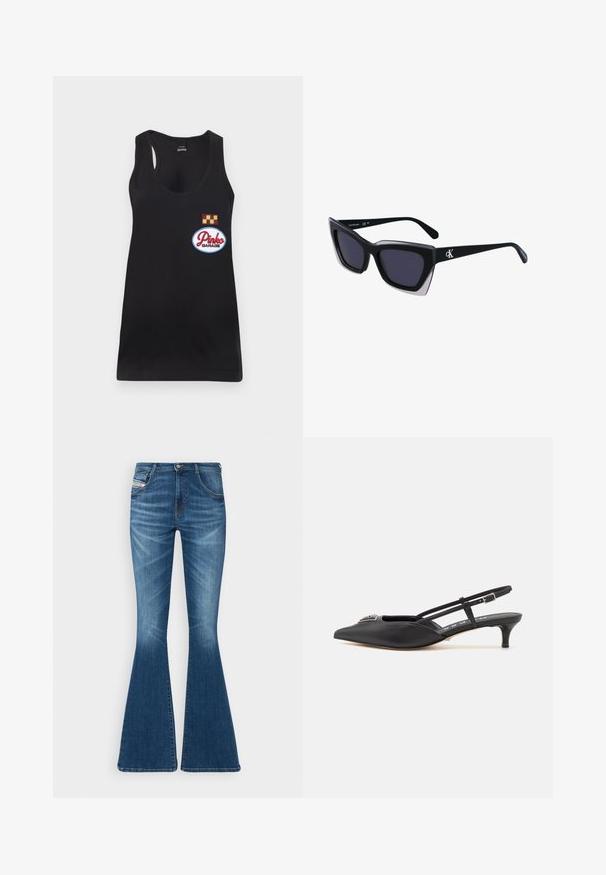 Schwarzes Tanktop mit rundem Ausschnitt, ausgestattet mit einem gestickten "Pinko Garage"-Patch und einem gelben und kastanienbraunen karierten Abzeichen.; Glockenjeans aus mittlerem blauen Denim, mit hoher Taille, Fünf-Taschen-Design und dezenten Waschungen an den Oberschenkeln.; Schwarze Slingback-Schuhe mit einer spitzen Zehe, aus glattem Material gefertigt, mit einem kleinen Absatz und einem dekorativen silbernen Akzent auf dem Blatt.; Schwarze übergroße Sonnenbrille mit geometrischer Form, ausgestattet mit dunklen Gläsern und einem kontrastierenden grauen Detail im Rahmen. Logo am Bügel.