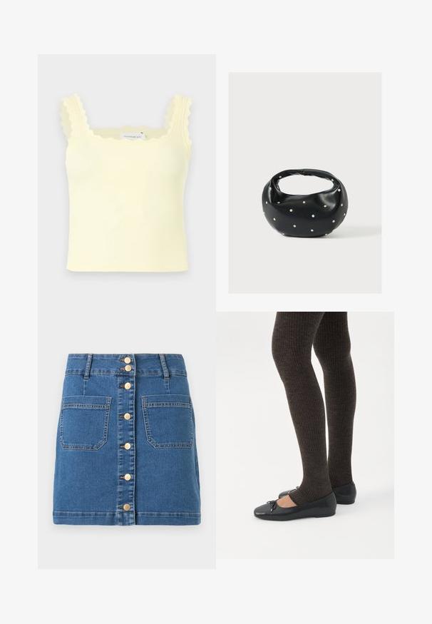 Crop top côtelé jaune clair avec bords festonnés aux bretelles et à l'encolure, modèle sans manches.; Mini-jupe en denim bleu avec fermeture à boutons sur le devant et deux grandes poches plaquées, dotée de passants de ceinture et de coutures contrastantes.; Jambes portant des leggings côtelés foncés associés à des ballerines noires avec de petits détails en nœud sur fond blanc.; Sac à main en cuir noir de forme arrondie, décoré de clous argentés et équipé d'une poignée courte. Texture lisse et fermeture éclair.