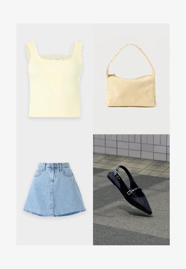 Crop top côtelé jaune clair avec bords festonnés aux bretelles et à l'encolure, modèle sans manches.; Jupe en denim en forme A de couleur bleu clair avec un ourlet effiloché, cinq poches et une fermeture à boutons. Présente des garnitures en ton cuivre et des détails de couture subtils.; Mocassin noir à bout pointu et bride arrière, avec double boucle, posé sur un asphalt gris près d'un mur carrelé en arrière-plan.; Petit sac à main en cuir beige avec une seule bandoulière et des clous argentés le long des bords et de la bandoulière, posé sur un fond uni.