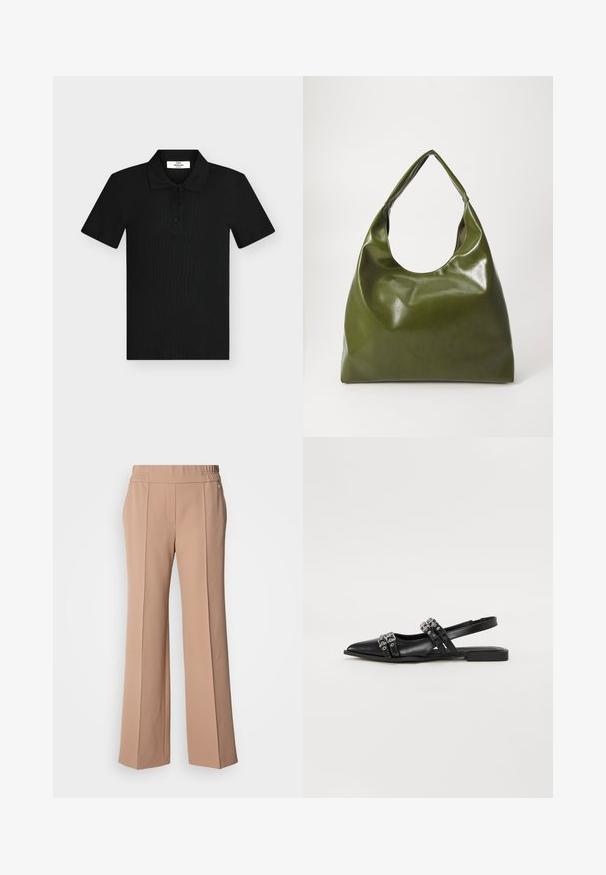 Polo noir à manches courtes avec trois boutons et un col souple, tissu texturé, présenté à plat sur un fond clair.; Pantalon large beige clair en tissu lisse. Il présente une taille élastique et des plis à l'avant pour plus de détail.; Even&Odd Ballerines à brides arrière - black; Sac hobo en cuir vert au design décontracté, avec une poignée incurvée et une texture lisse. Ne contient aucun matériel ou accent visible.