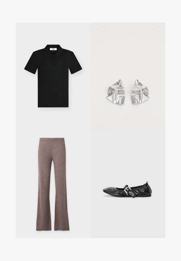 Polo noir à manches courtes avec trois boutons et un col souple, tissu texturé, présenté à plat sur un fond clair.; Pantalon en maille marron à taille haute, ceinture élastique et coupe jambe large, présenté à plat sur un fond blanc uni.; Chaussure plate en cuir noir avec un nez pointu, des détails froncés autour de l'ouverture et un accent en boucle argentée sur la bride ajustable.; Boucles d'oreilles en métal argenté avec un design ondulé et sculptural, présentant une finition polie et des formes irrégulières, mettant en valeur une esthétique contemporaine.