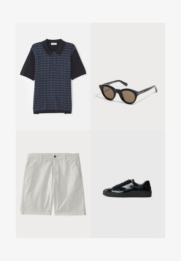 Navyblauwe polo met een geometrisch patroon in verschillende tinten blauw, korte mouwen en een klassieke kraag met knoopdetails aan de voorkant.; Witte katoenen shorts met een knoopsluiting, riemlussen en zijzakken. De stof lijkt glad met een klassieke, op maat gemaakte uitstraling.; Zwarte gepatenteerde leren sneakers met een ronde neus, vetersluiting, een gestructureerde rubberen zool en een glanzende afwerking.; Zwarte ronde zonnebril met dikke monturen en bruine glazen, geplaatst op een wit oppervlak en iets naar rechts gekanteld.