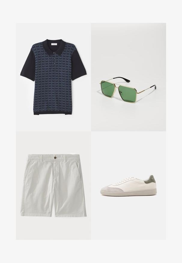 Marineblå polo skjorte med et geometrisk mønster i varierende nuancer af blå, korte ærmer og en klassisk krave med knaplukning.; Hvide bomulds shorts med knaplukning, bæltestropper og sidelommer. Stoffet ser glat ud med et klassisk, skræddersyet design.; Hvid lav sneaker med lysegrå ruskind på tå og hæl, hvide snørebånd og en flad beige sål, vist fra ydersiden.; Guldfarvede solbriller med grønne linser, geometrisk form og sorte plastik templer. Letvægtskonstruktion med diskrete accenter.