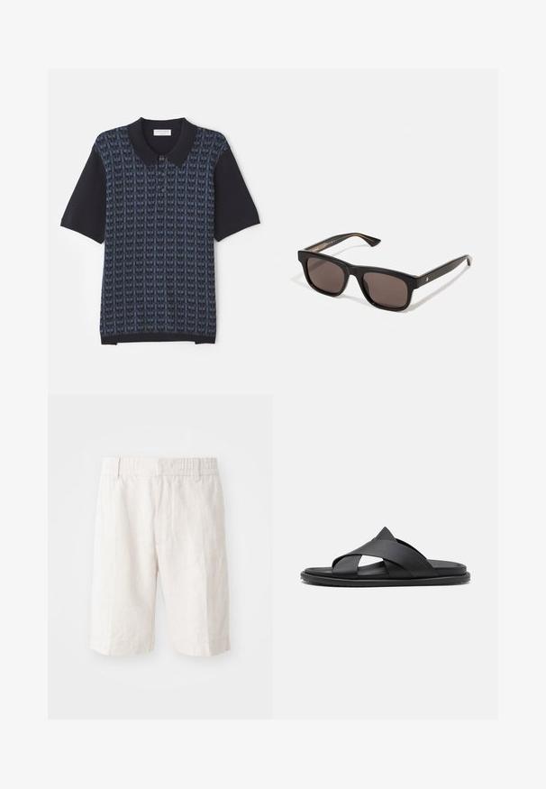 Marineblå polo skjorte med et geometrisk mønster i varierende nuancer af blå, korte ærmer og en klassisk krave med knaplukning.; Linnedeleshorts i lys beige med elastisk talje, sidelommer og lige snit. Glat tekstur med minimal synlig syning.; Stuart Weitzman BERKLEY - Slip-on sandaler - black; Sorte rektangulære solbriller med mørke linser. Plastikramme med glat overflade og subtil brandingdetalje på den indvendige stang.
