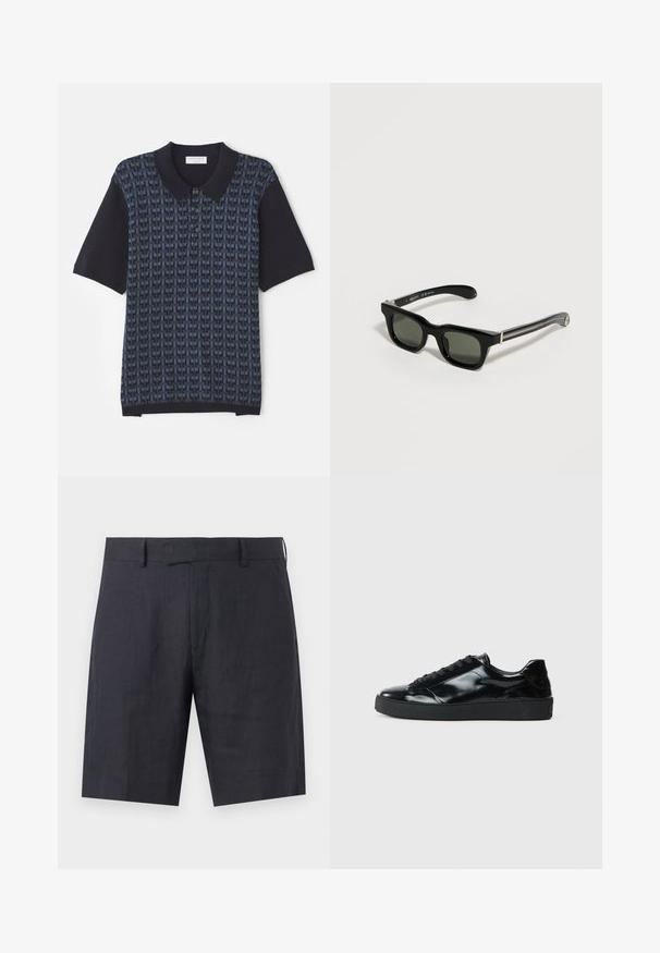 Marineblå polo skjorte med et geometrisk mønster i varierende nuancer af blå, korte ærmer og en klassisk krave med knaplukning.; Mørkeblå skræddersyede shorts til knæet med bæltestropper, skjult lynlås og et rent, minimalistisk design.; Sorte laklæder sneakers med rund tå, snørredesign, tekstureret gummisål og en glat overflade.; Sorte rektangulære solbriller med tykke stel og mørke linser, hvilende på en lys overflade.
