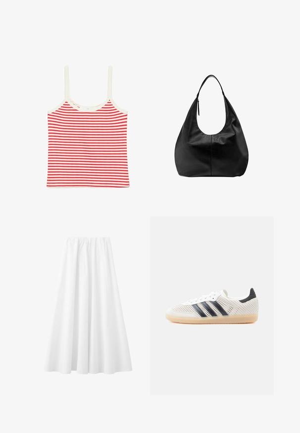 Crop top sans manches rayé horizontalement rouge et blanc avec fines bretelles et encolure arrondie.; Longue jupe blanche avec une taille élastique et un tissu fluide s'étendant jusqu'à l'ourlet.; Baskets en maille blanche avec un design à trois bandes noires, bout arrondi et semelle en caoutchouc gomme. Dotées d'un col de talon souple et d'une fermeture à lacets.; Sac à main hobo décontracté en cuir noir avec une seule bandoulière large et un détail de tirette de fermeture éclair sur fond blanc uni.