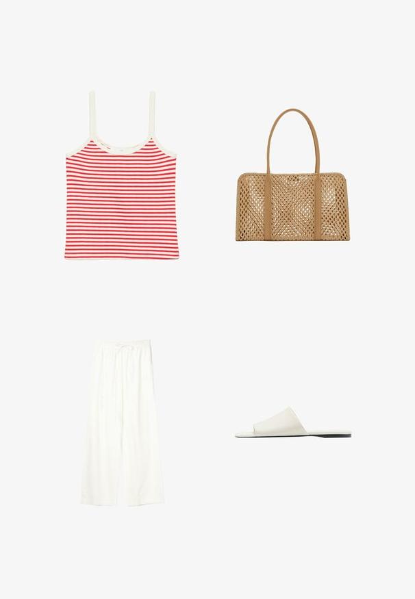 Crop top sans manches rayé horizontalement rouge et blanc avec fines bretelles et encolure arrondie.; Pantalon blanc à jambes larges avec taille élastique et cordon de serrage, en tissu léger.; Sandale blanche à enfiler avec une large bride unique et une semelle plate, vue de côté sur fond blanc.; Sac à main tissé rectangulaire couleur fauve avec deux longues poignées lisses et un motif en treillis ouvert sur l'ensemble du corps du sac.